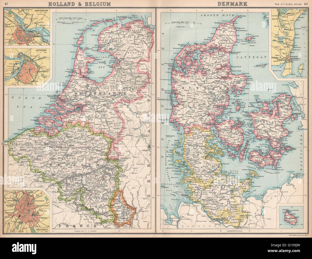 Holland And Denmark Map Benelux/Denmark.holland Belgium Schleswig-Holstein.copenhagen Bornholm,  1912 Map Stock Photo - Alamy