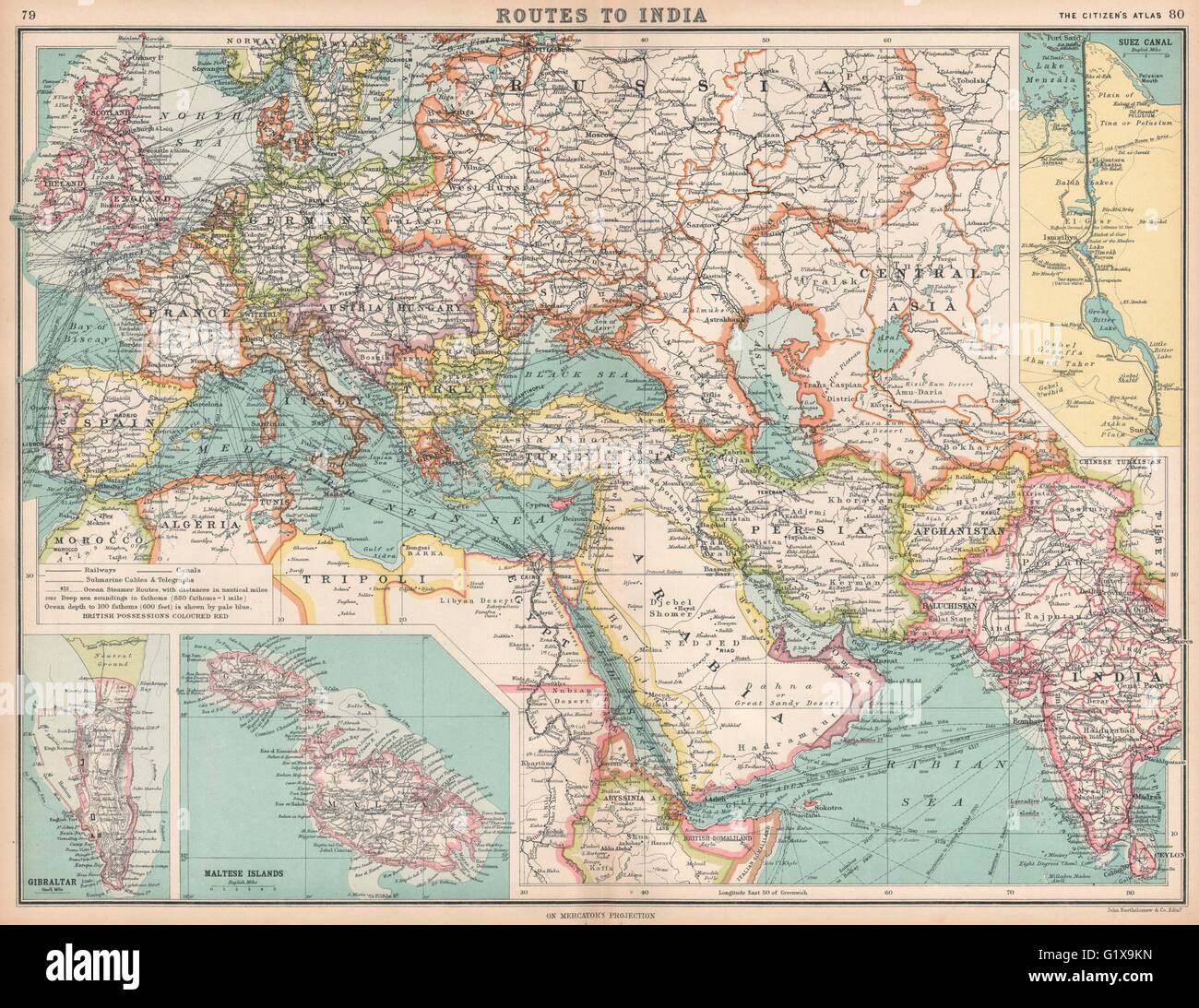 ROUTES TO INDIA Europe Middle East & Asia. Suez Canal Gibraltar & Malta 1912 map Stock Photo