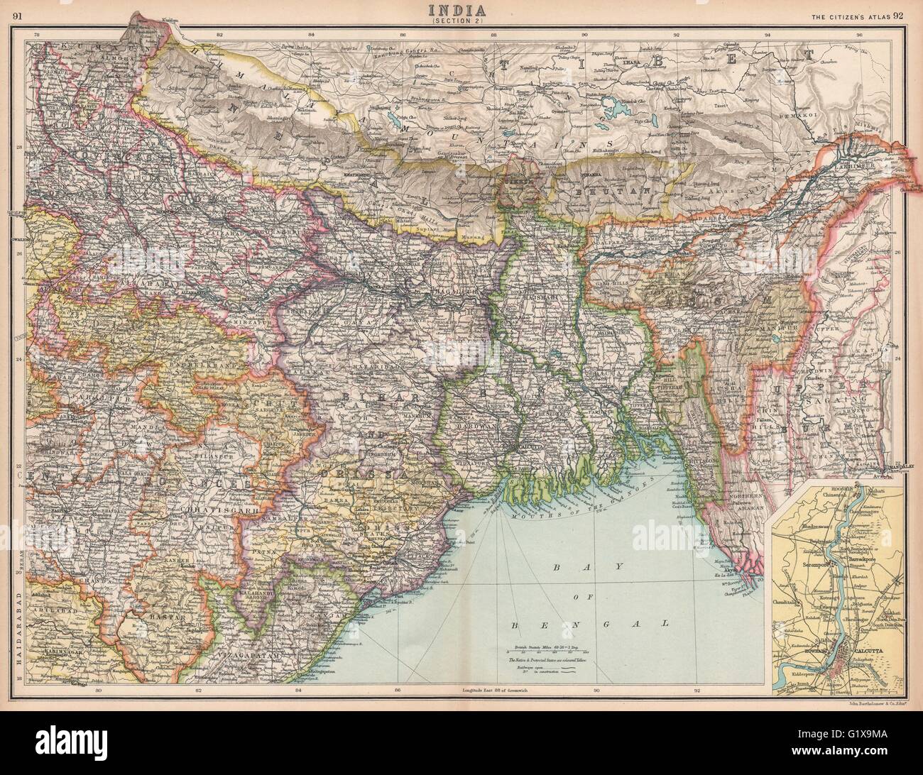 BRITISH INDIA NORTH EAST. Bengal Assam Nepal Bhutan Orissa. Calcutta, 1912 map Stock Photo