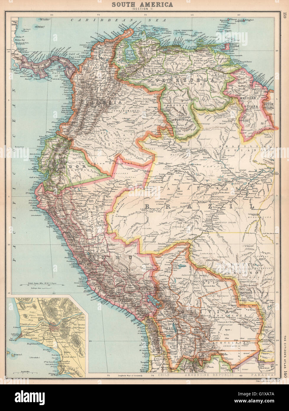 SOUTH AMERICA NW. Venezuela Colombia Ecuador Peru Bolivia. Inset Lima, 1912 map Stock Photo