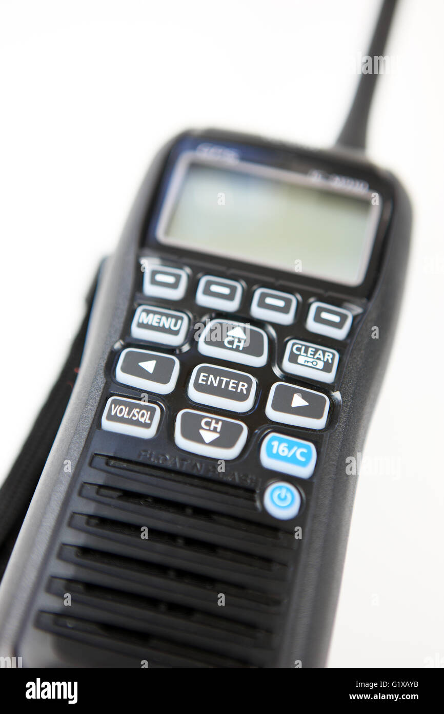VHF hand held radio on a white background Stock Photo