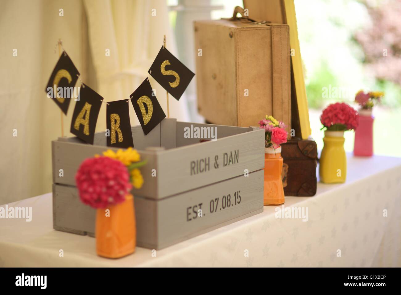 Wedding Cards box on display during wedding reception Stock Photo