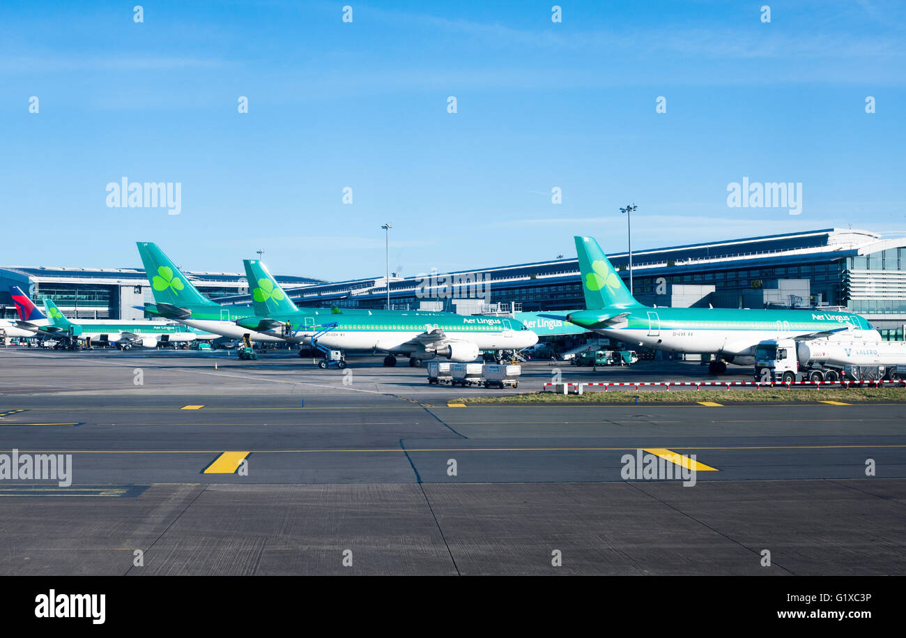 Dublin, Ireland - 01 February, 2015: Aer Lingus planes lined up at Terminal 2 at Dublin Airport Ireland Stock Photo
