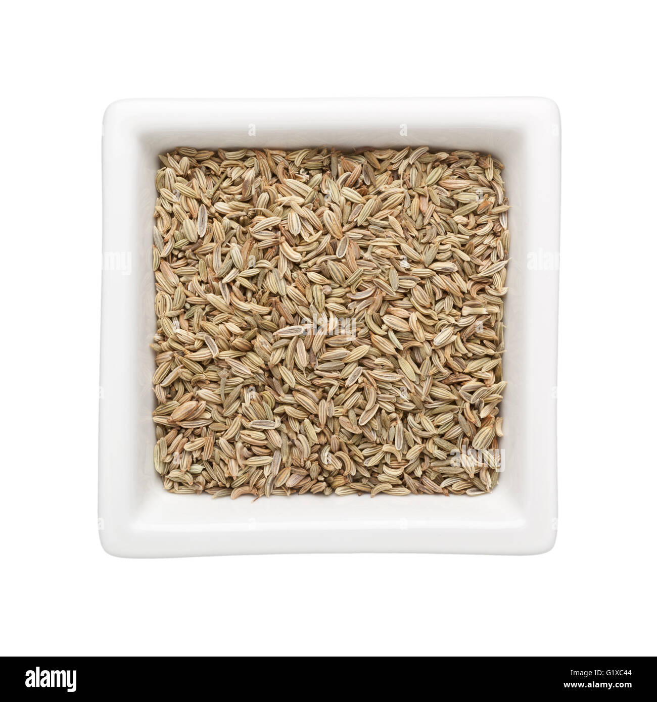 Fennel seeds in a square bowl isolated on white background Stock Photo