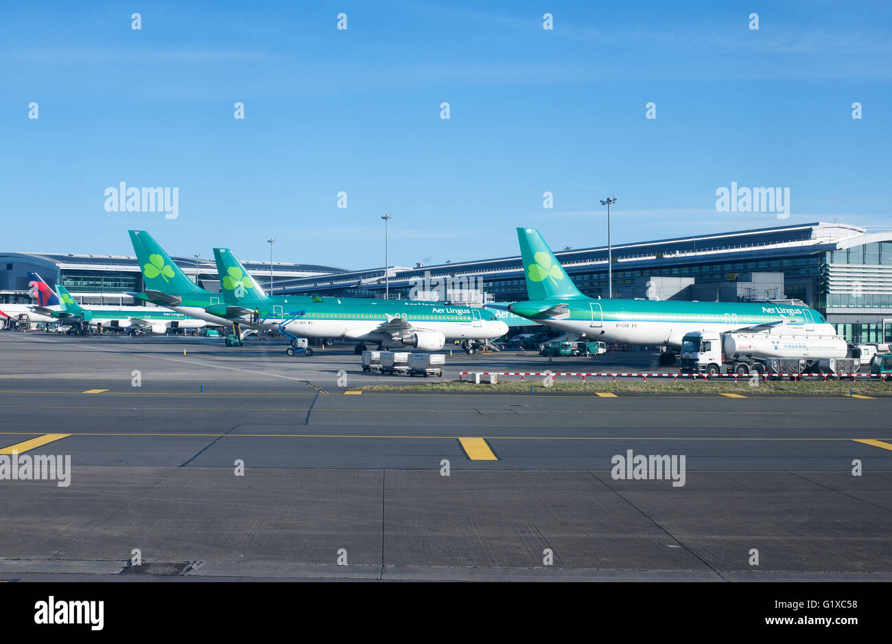 Dublin, Ireland - 01 February, 2015,  Aer Lingus planes lined up at Terminal 2 at Dublin Airport Ireland Stock Photo