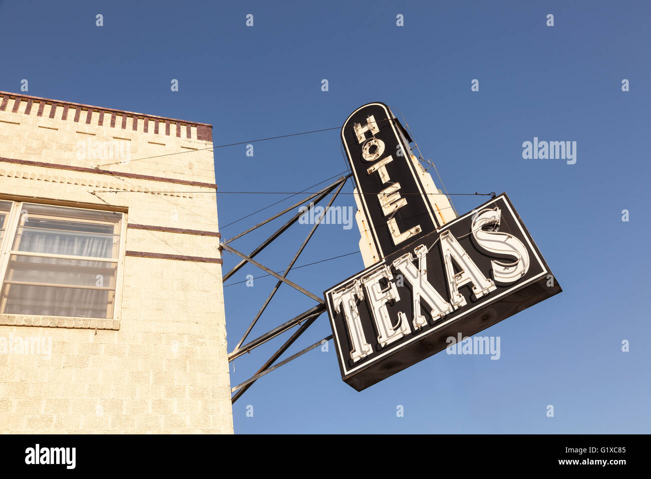 Hotel Texas sign in the Fort Worth Stockyards historic district. Fort Worth, Texas, USA Stock Photo