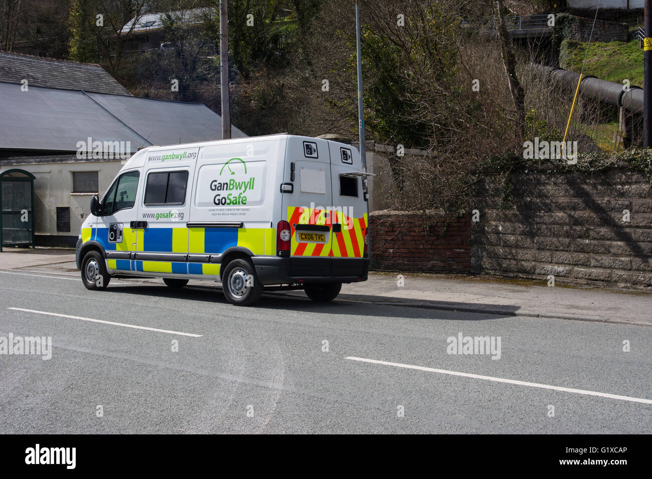Speed camera van parked in Dolgarrog, Gwynedd, North Wales. Stock Photo