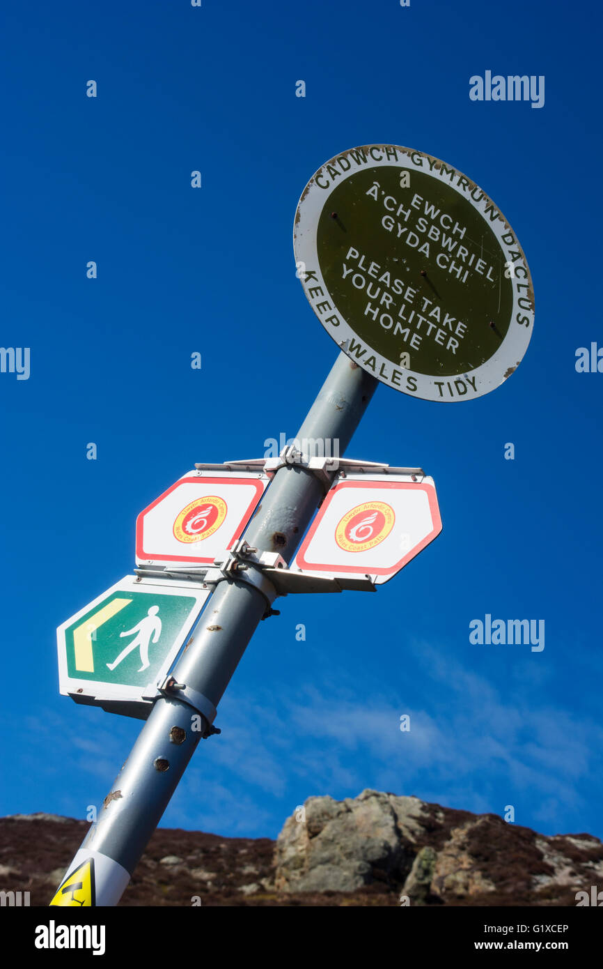 Footpath signs at the start of the Jubilee Walk in Penmaenmawr, Gwynedd