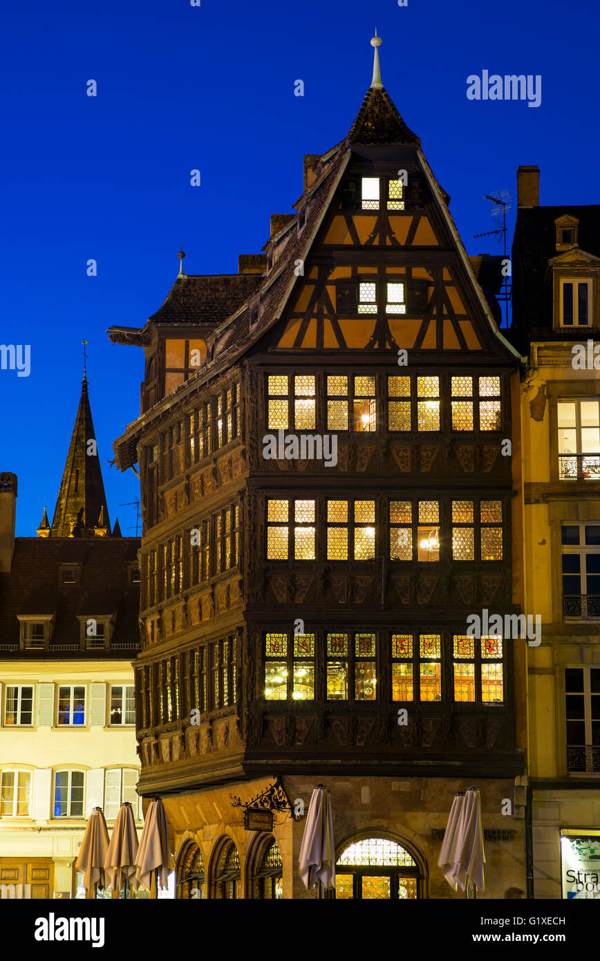 Maison Kammerzell medieval house 16th Century with illuminated windows at night, exterior, Strasbourg, Alsace, France, Europe Stock Photo