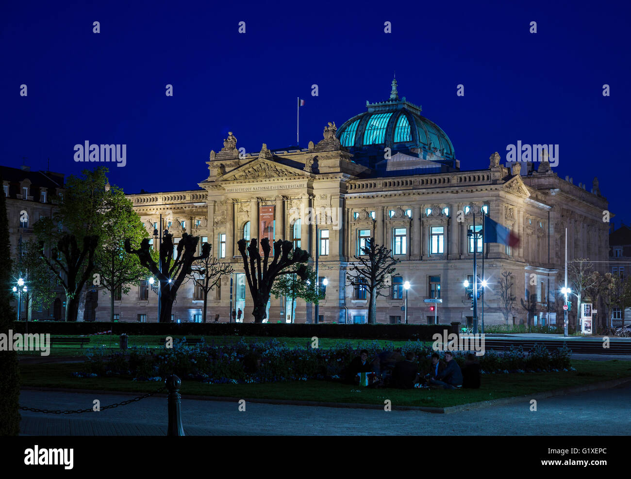 BNU, National University Library, Place de la République square, night, Neustadt, Strasbourg, Alsace, France, Europe, Stock Photo