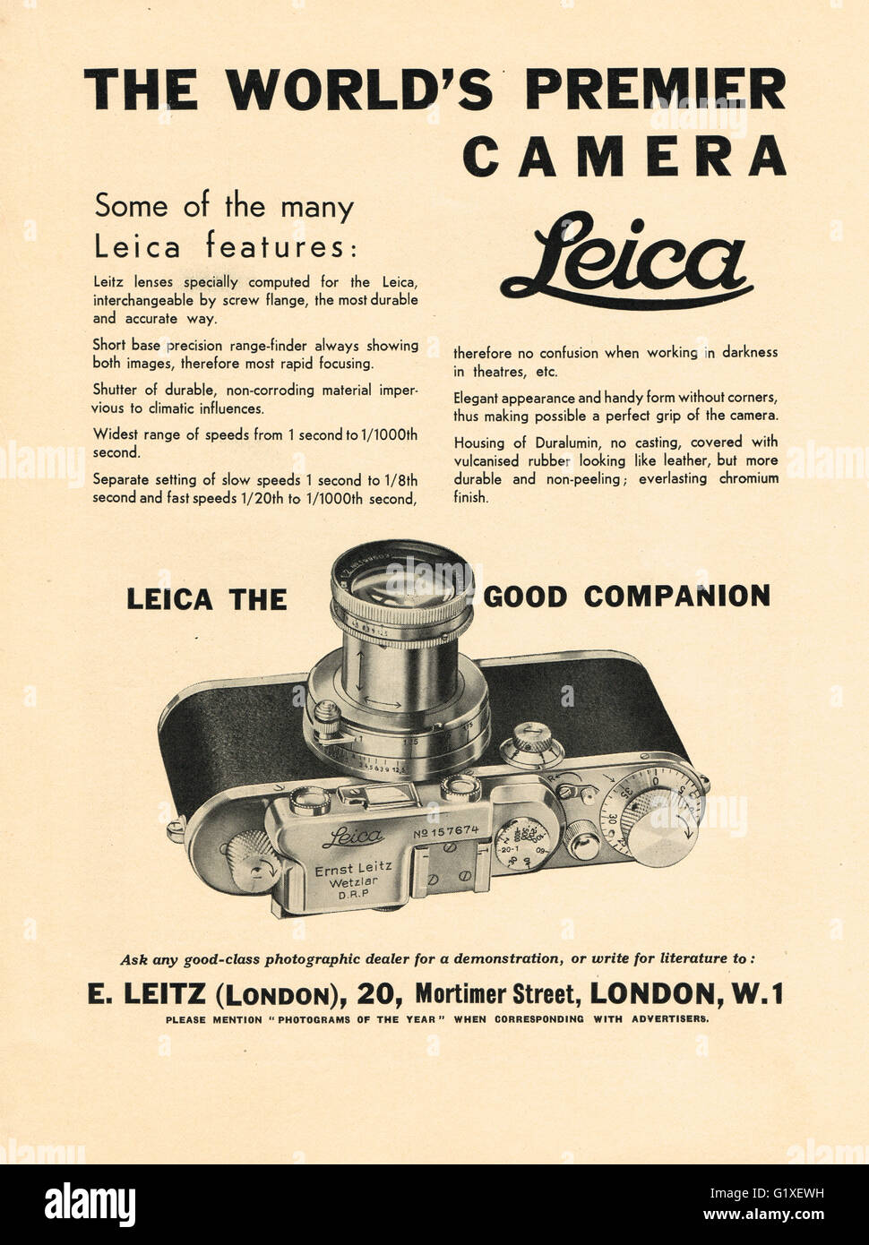 Vintage 1936 advert for Leica rangefinder Camera Stock Photo