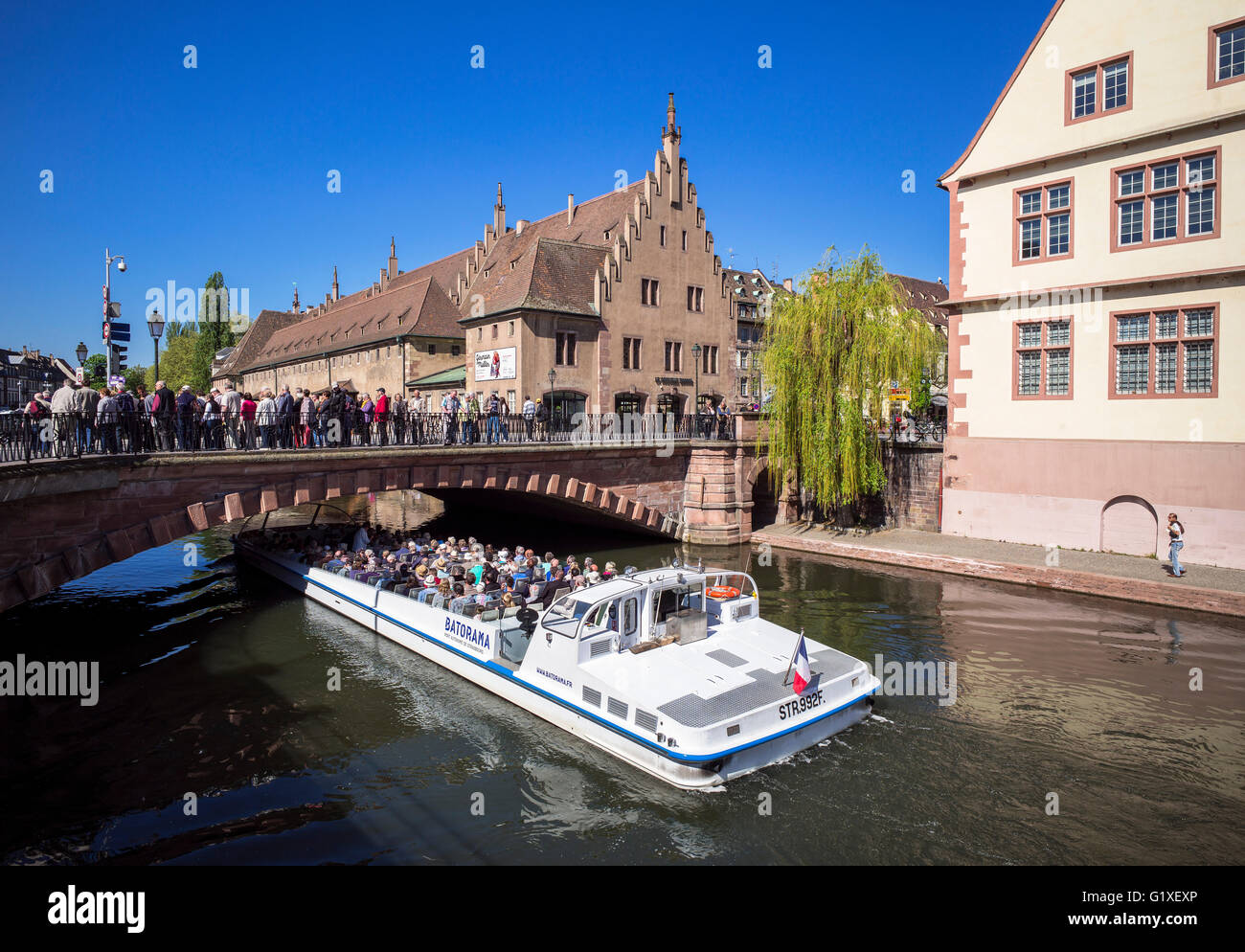 Sightseeing tour boat and 'Ancienne Douane' former custom house, Strasbourg, Alsace, France, Europe, Stock Photo