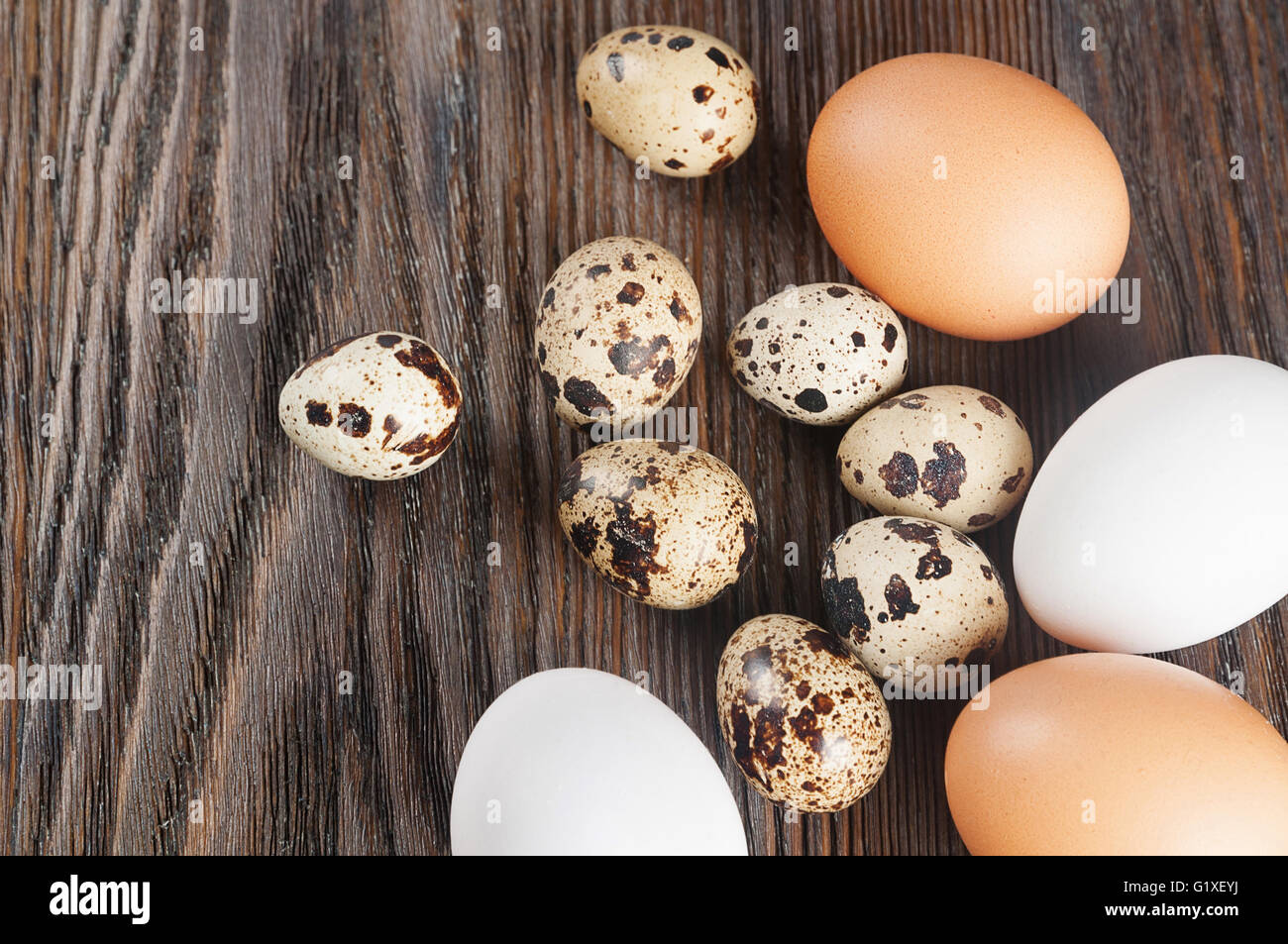 Quail and chicken eggs on a wooden background. White and brown chicken eggs. Stock Photo