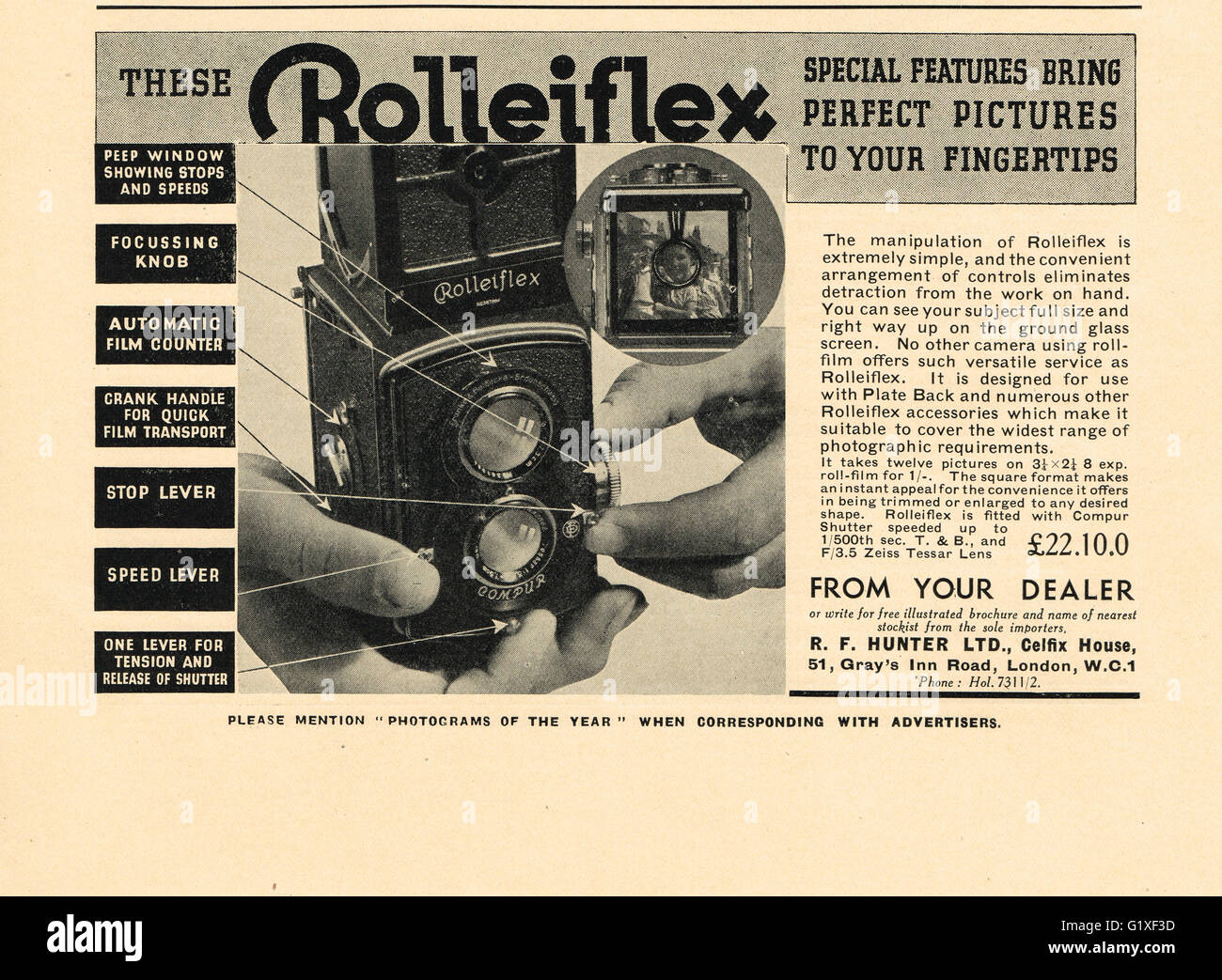 Vintage 1936 advert for Rolleiflex TLR Camera Stock Photo
