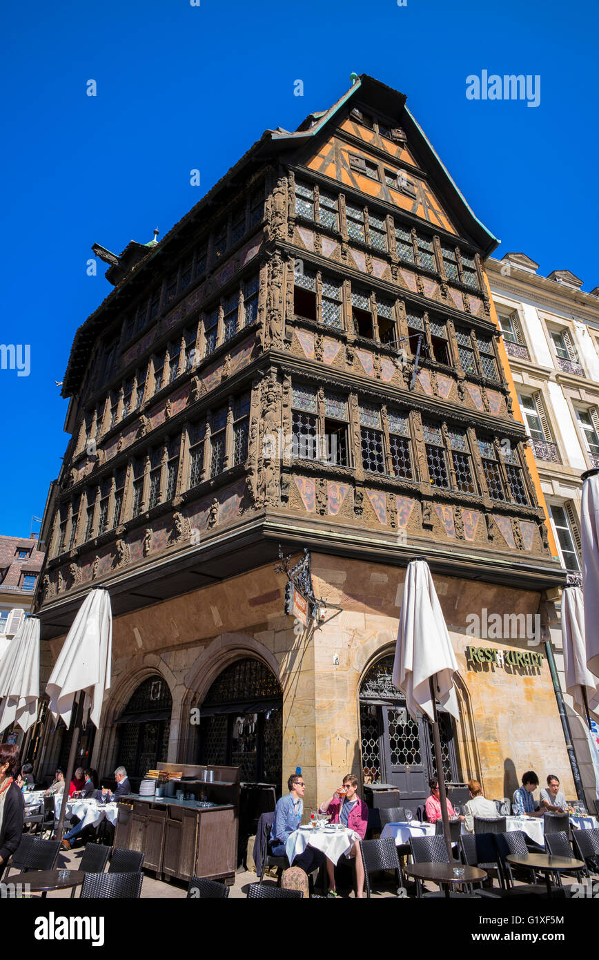 Maison Kammerzell medieval house 16th Century and cafe terrace, Strasbourg, Alsace, France Stock Photo