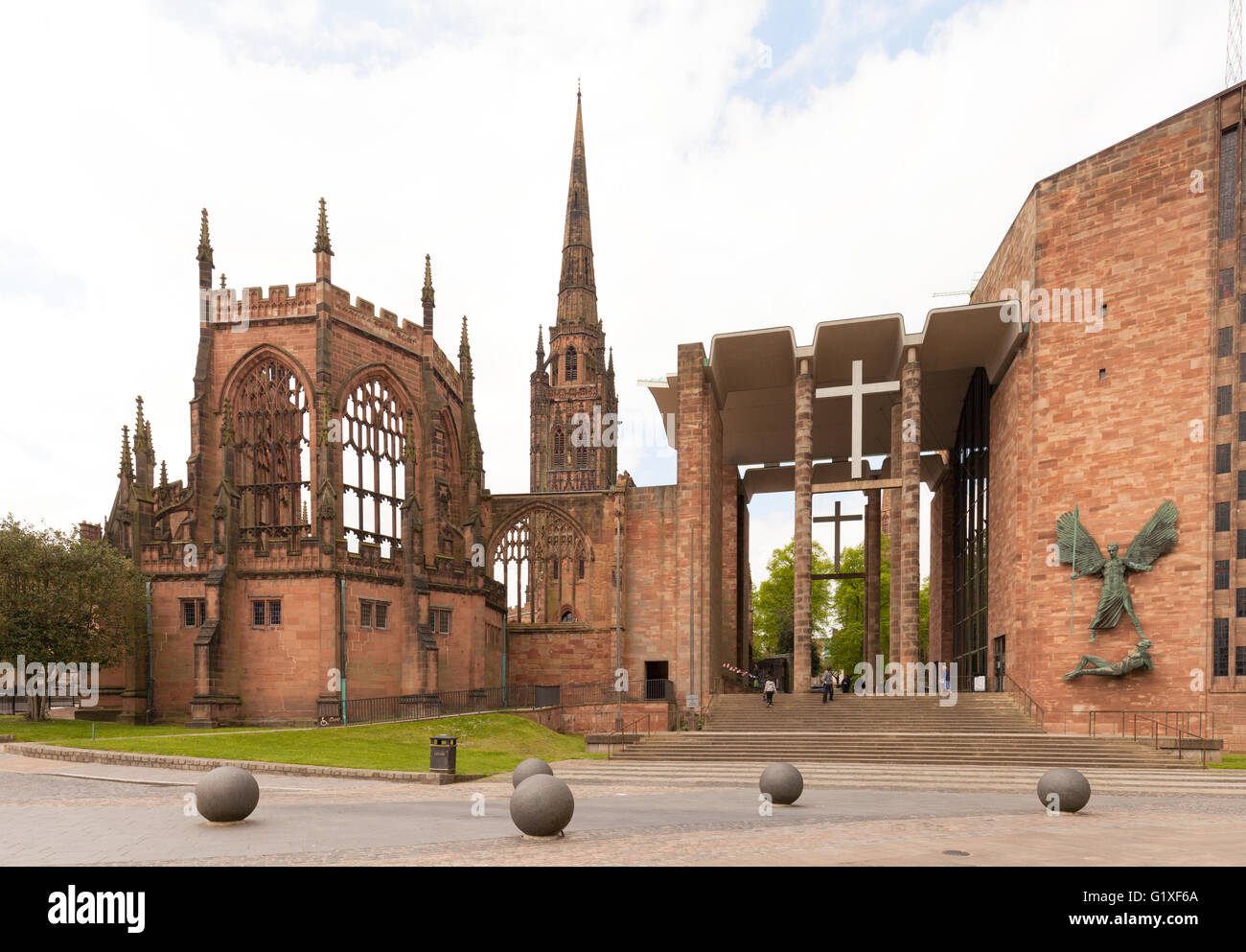 The Old, bombed St. Michael's Coventry Cathedral next to the New St. Michael's Coventry Cathedral, Coventry, Warwickshire UK Stock Photo