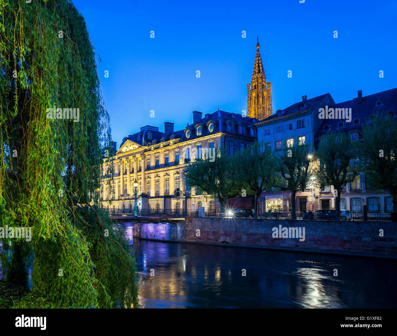 Palais Rohan, Rohan Palace 18th Century and cathedral's spire at night, Strasbourg, Alsace, France Stock Photo