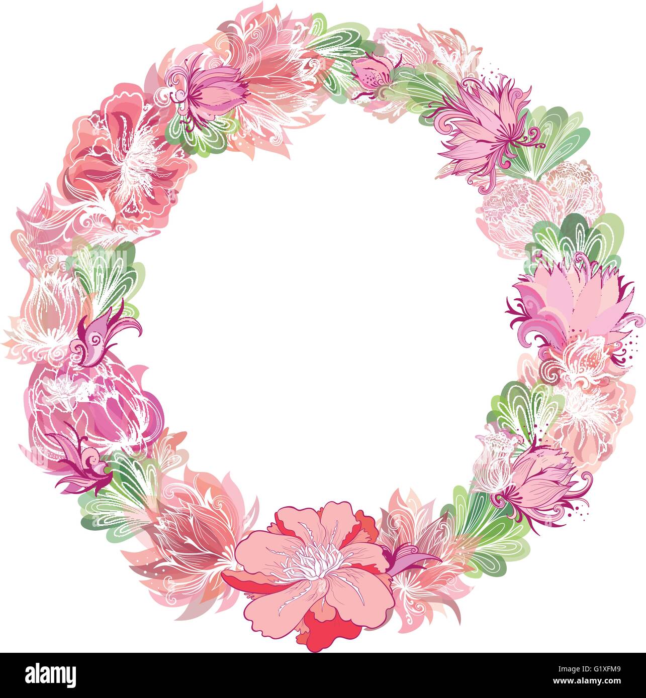 Circle frame made of sketch flowers with transparent watercolor effect for  card, invitation, celebration design Stock Vector Image & Art - Alamy