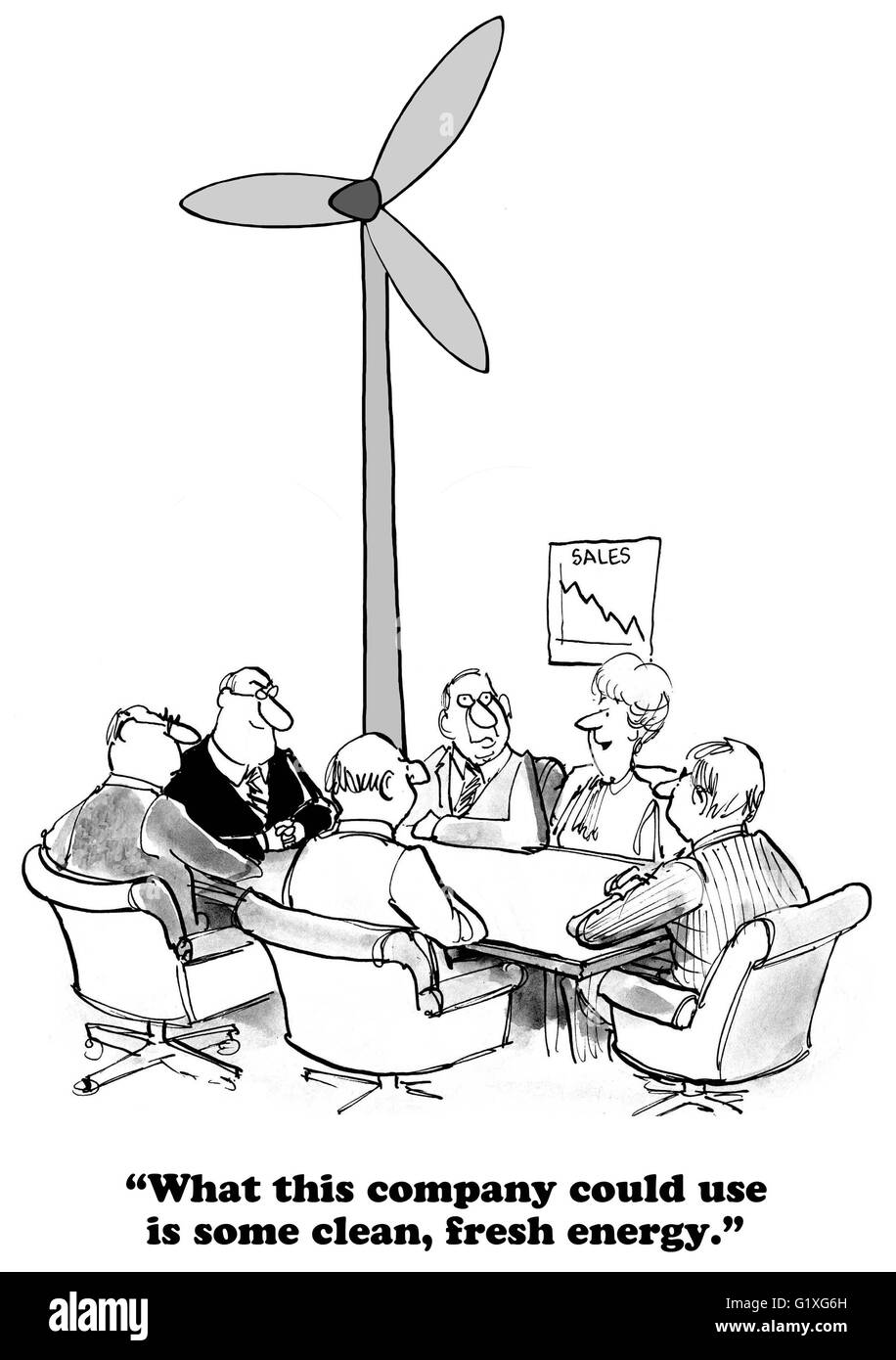 Business cartoon about need fresh, new energy in the company. Stock Photo
