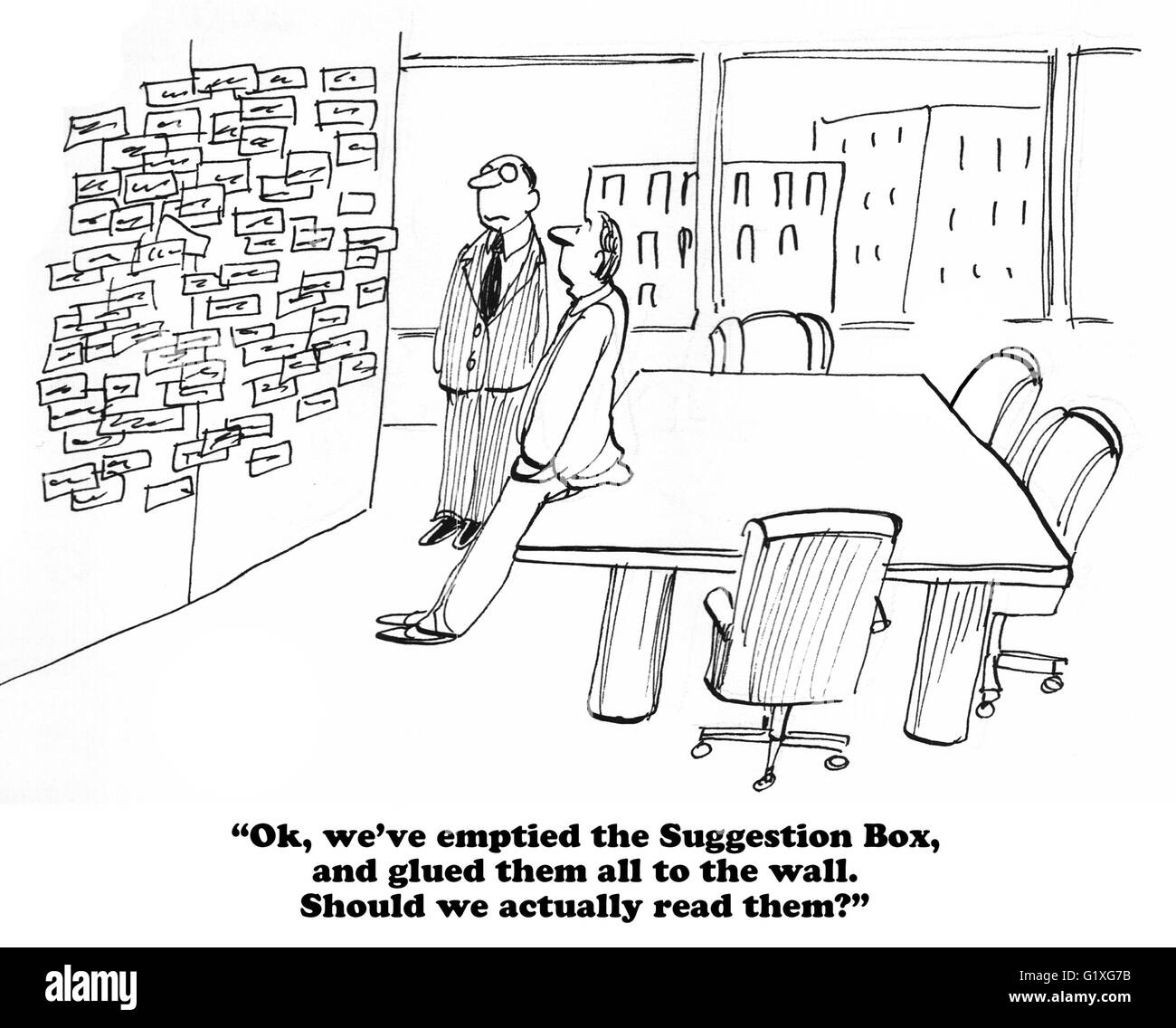Business cartoon about actually reading the suggestions from the Suggestion  Box Stock Photo - Alamy