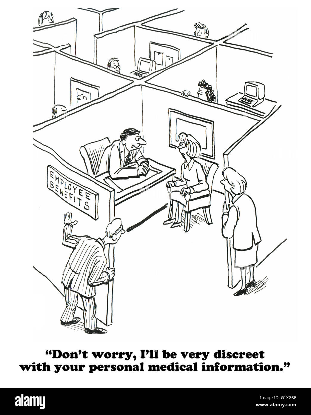 Business cartoon about overhearing personal, confidential conversations because of open offices. Stock Photo