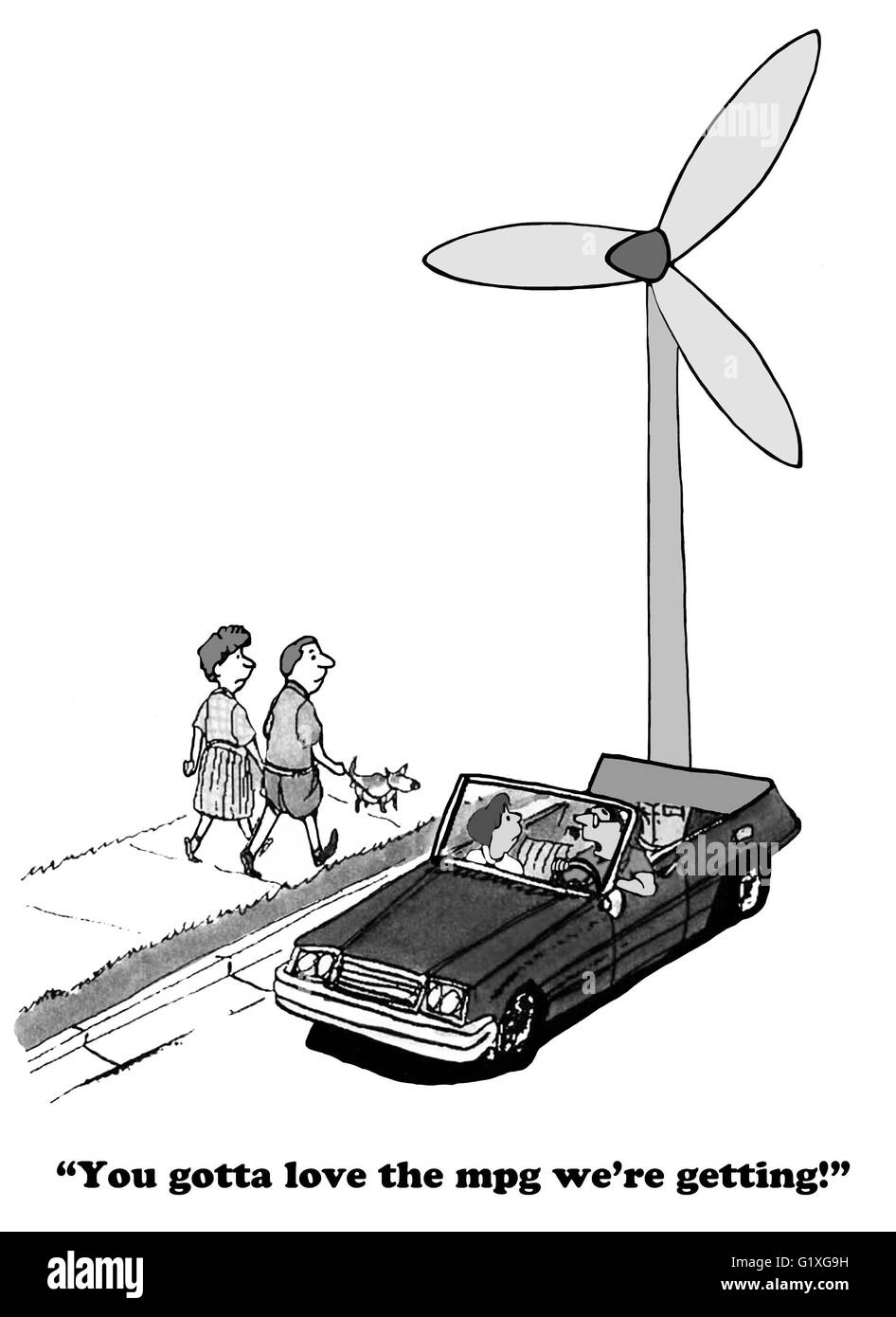 Cartoon about a wind powered car. Stock Photo