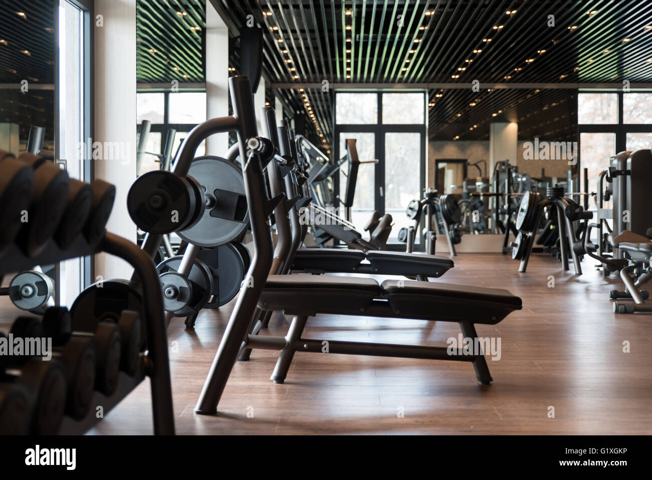 Equipment And Machines At The Modern Gym Room Fitness Center Stock Photo Alamy