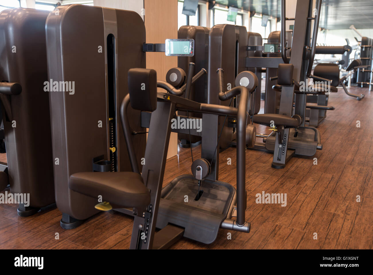 Exercising Machine Library Equipment And Machines At The Modern Gym Room Fitness Center Stock ...