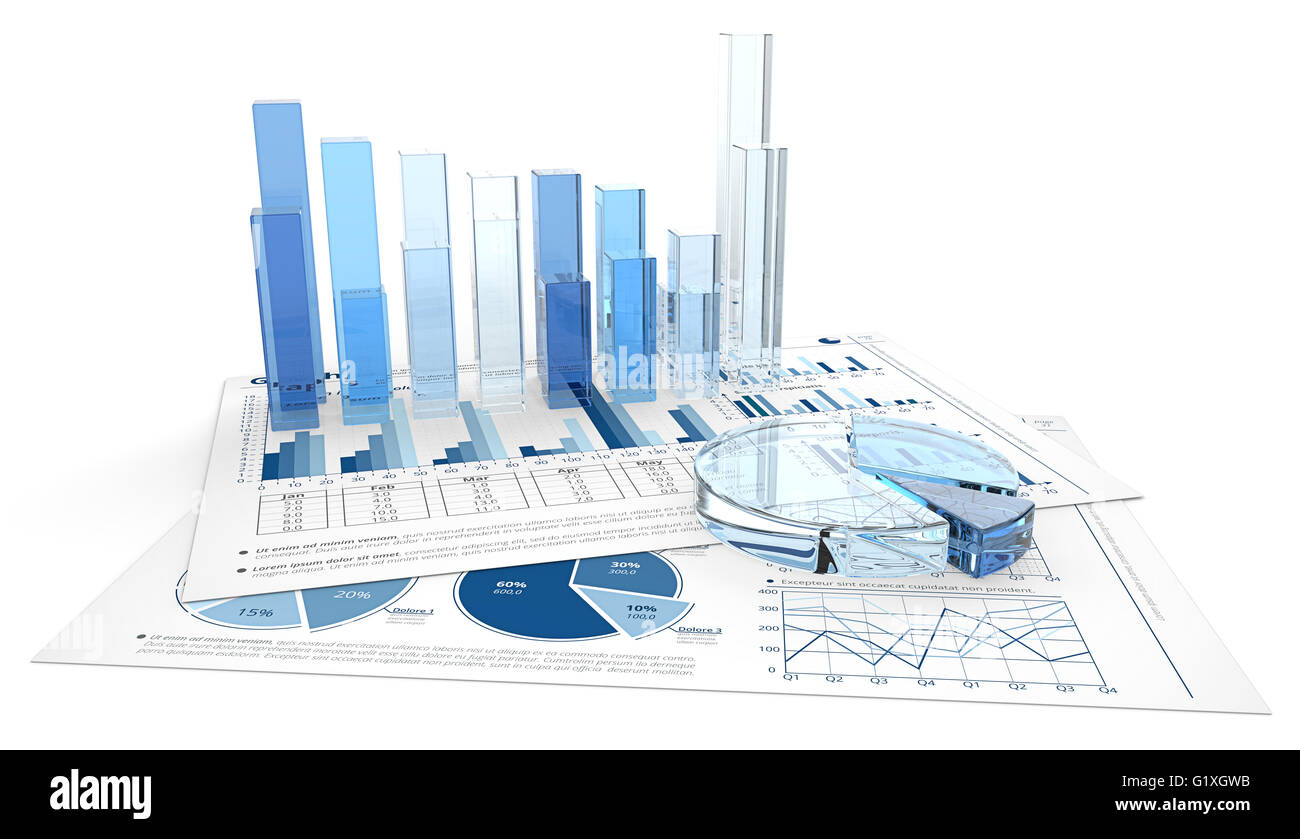 3D render of financial documents with graphs and pie charts of glass. Stock Photo