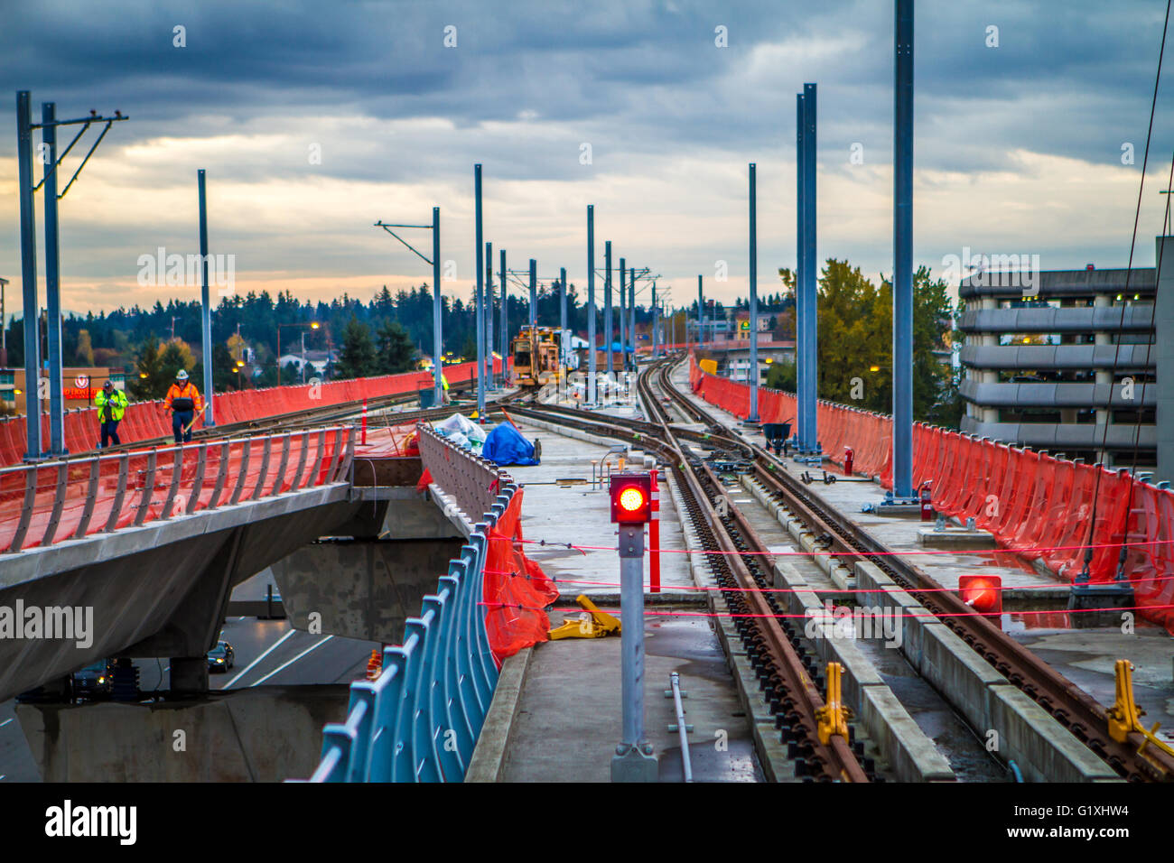 Construction on the Sound Transit Link Light Rail South 200th Street Extension, just beyond SeaTac/Airport Station Stock Photo