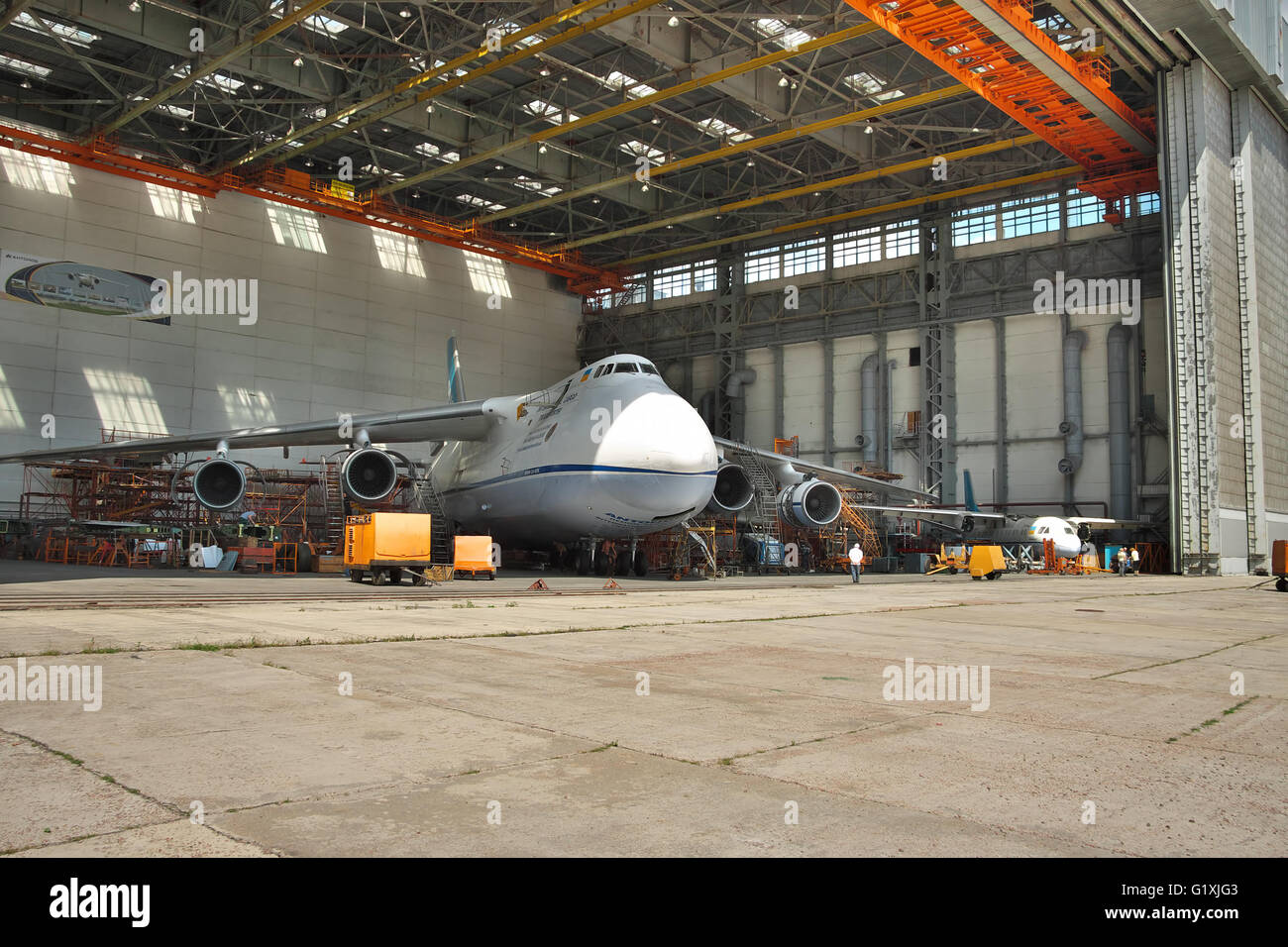 Kiev, Ukraine - August 3, 2011: Antonov An-124 Ruslan cargo plane being maintenanced during the  check Stock Photo