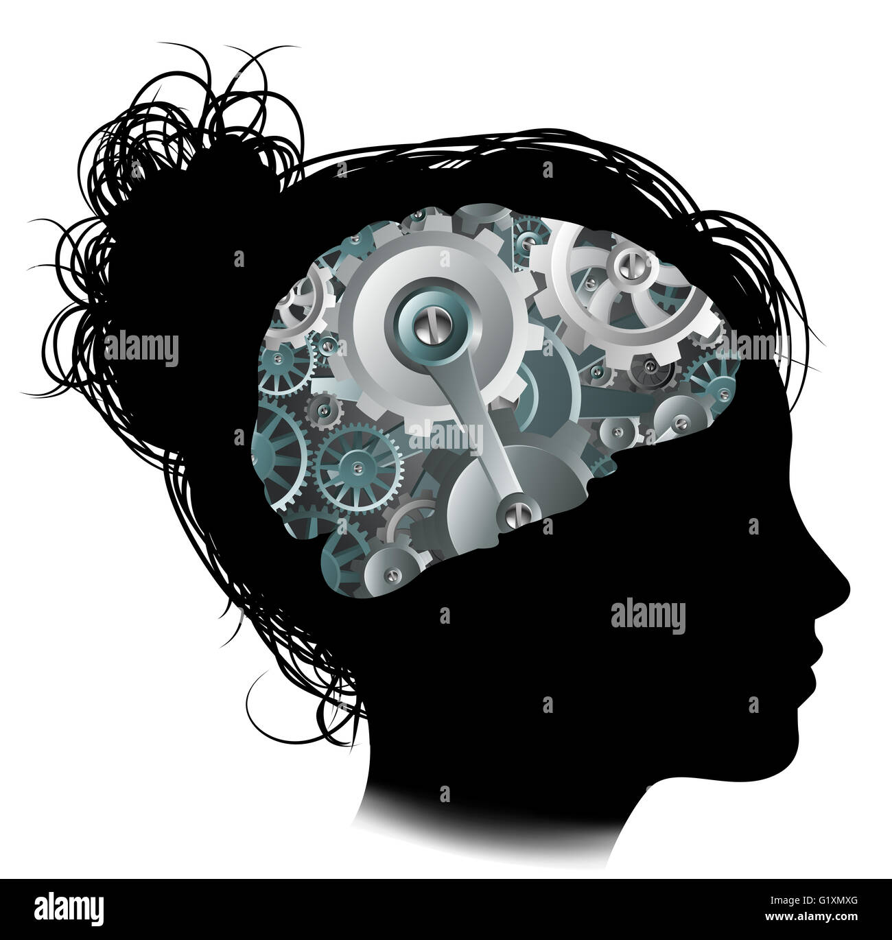 Silhouette of a woman with a brain made up of gears or cogs workings machine parts Stock Photo