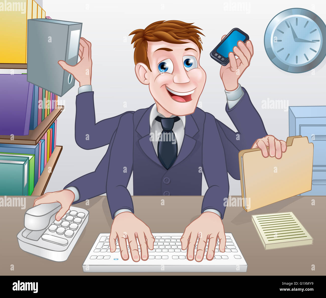 A cartoon multitasking business man with lots of arms doing various