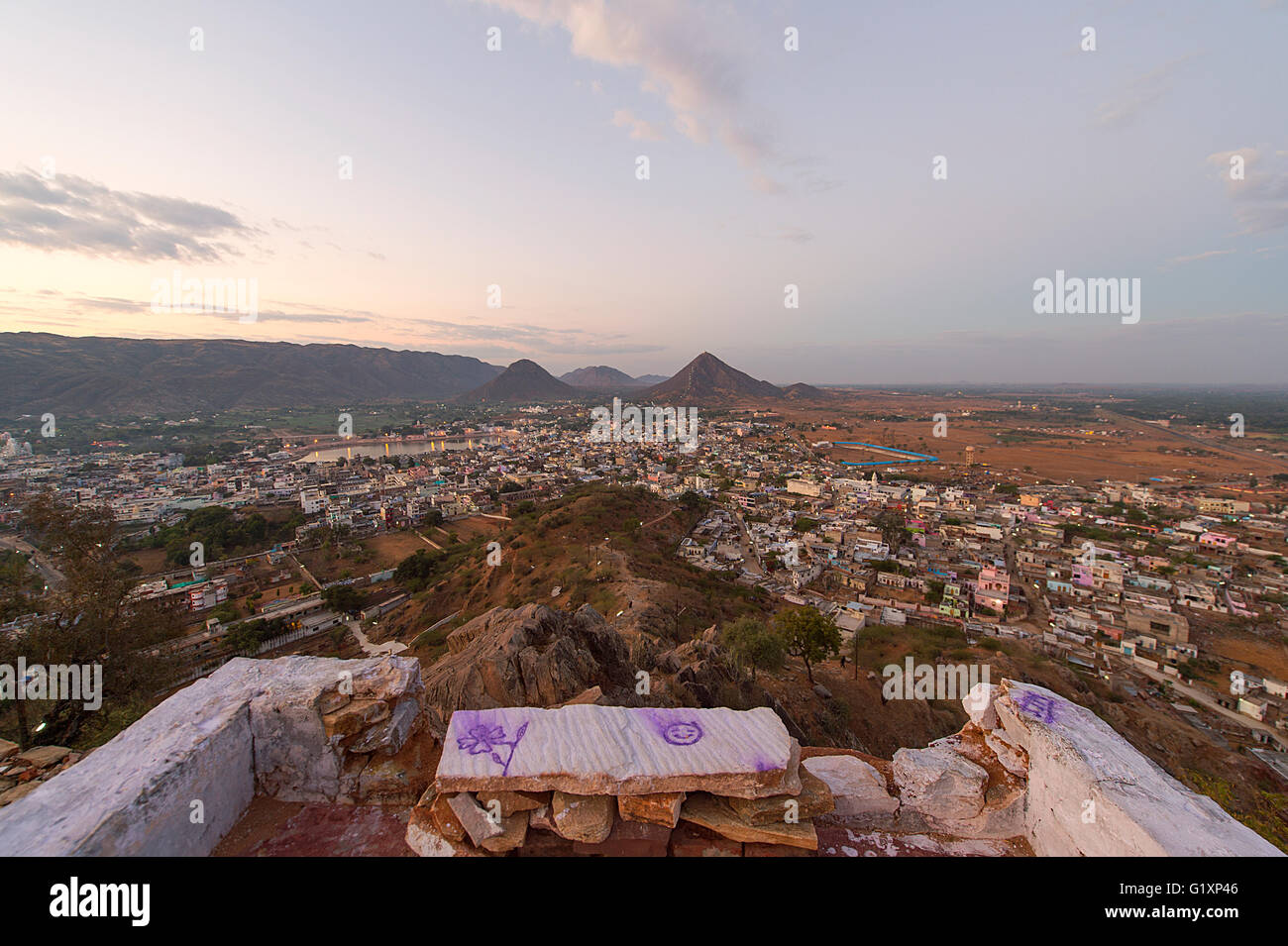 Aeriel view of Pushkar, India town after sunrise from Gayatri Temple. Stock Photo