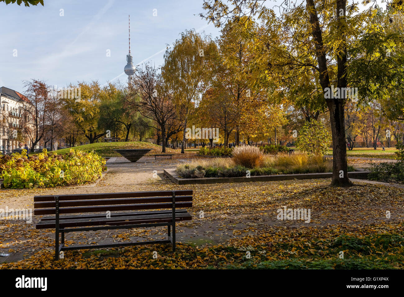 Bench in Monbijoupark in Berlin with Berliner Fernsehturm TV tower on the backgrond. Stock Photo