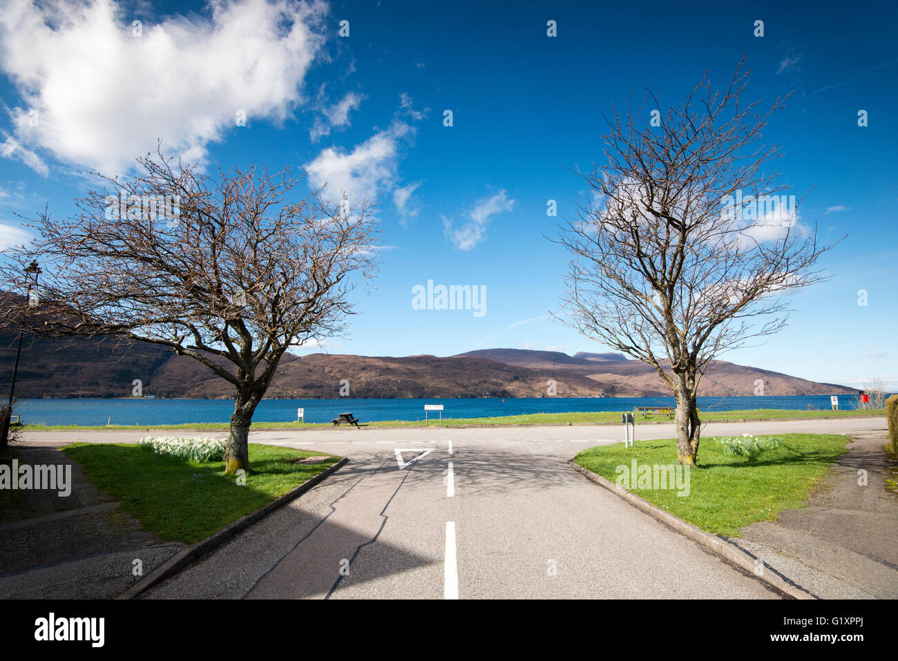 Looking out onto Loch Broom from a street in Ullapool, Wester Ross Scotland UK Stock Photo