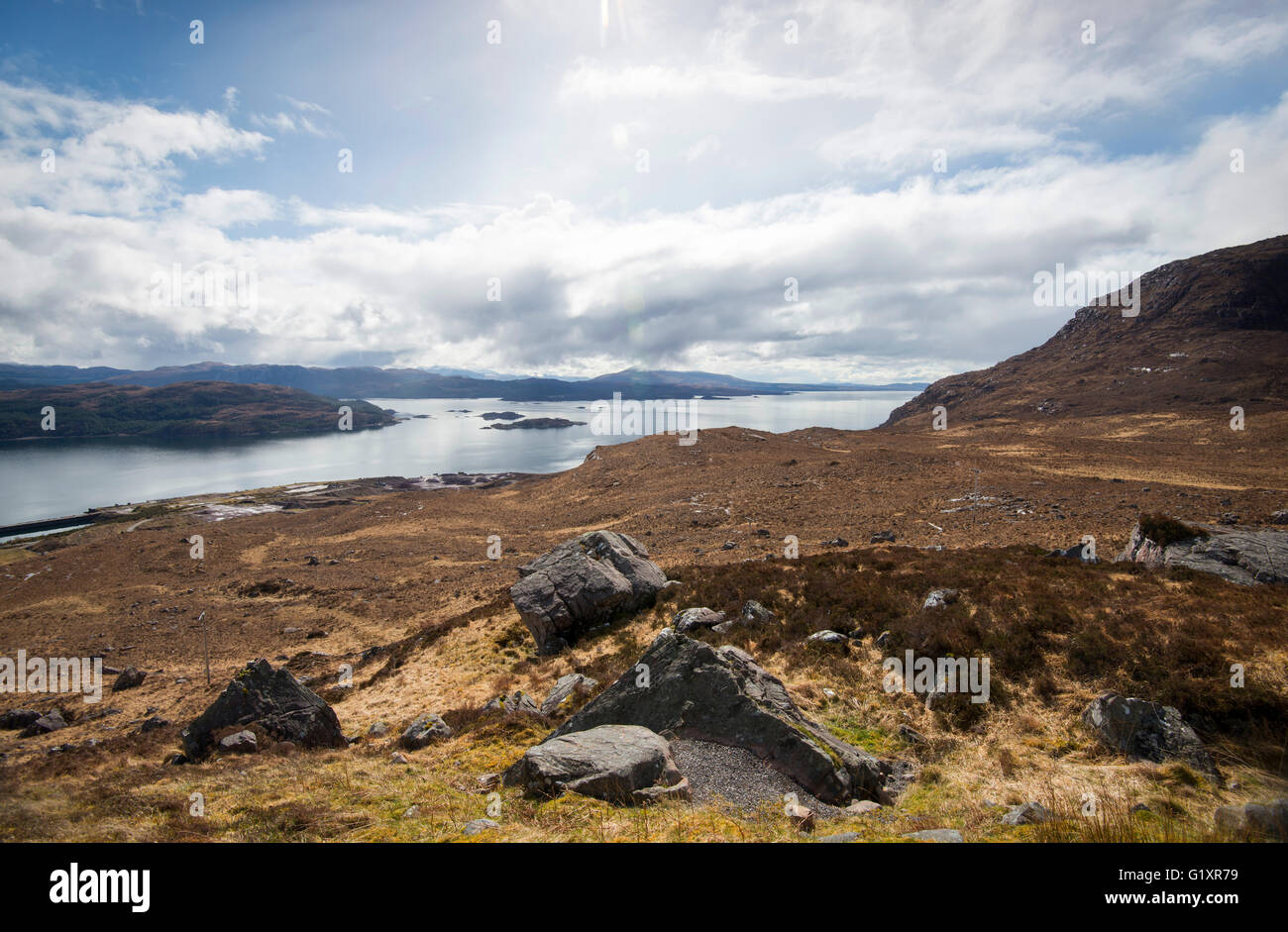 Looking down towards Loch Kishorn from Bealach na Bà (Pass of the Cattle) on the Applecross Peninsula, Wester Ross Scotland UK Stock Photo