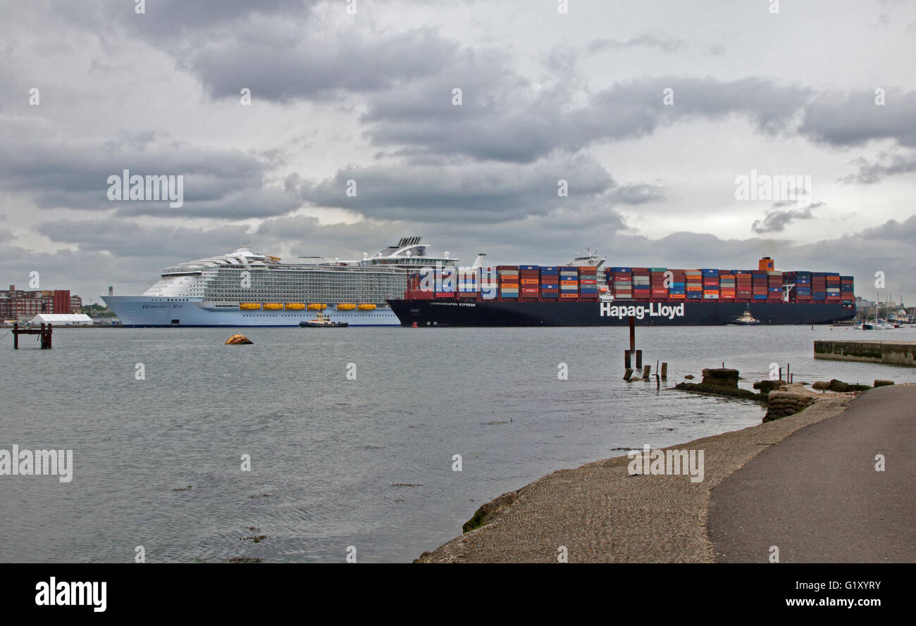 Southampton, Hampshire, UK. 20th May, 2016. Royal Caribbean Harmony of the Seas, the Largest Cruise Ship in the World and Hapag Lloyd Ludwigshafen Express Container Ship at Southampton Water, Hampshire, England - 20 May 2016 Credit:  Krys Bailey/Alamy Live News Stock Photo