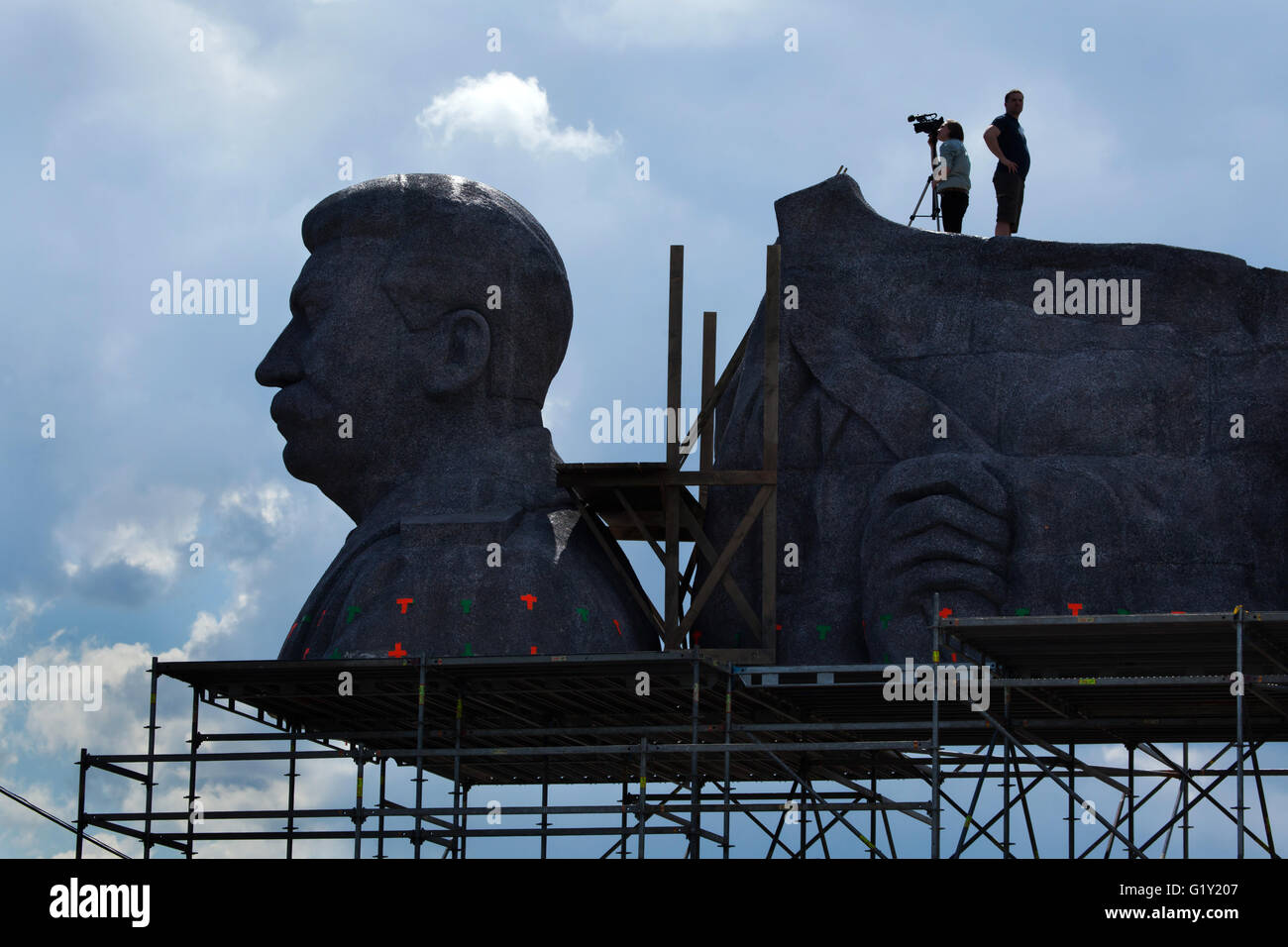 Prague, Czech Republic. 20th May 2016. Huge head of Soviet dictator Joseph Stalin rising over Letna Park in Prague, Czech Republic, during the Czech Television filming the new biopic TV movie Monstrum (The Monster) based on the biography of Czech sculptor Otakar Svec. Stalin returns temporary to the place where the Stalin Monument designed by Otakar Svec stood from 1955 until it was destroyed in 1962. Stock Photo