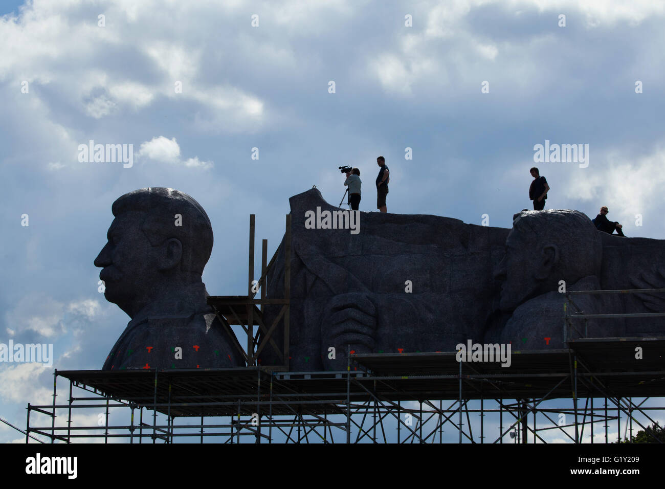 Prague, Czech Republic. 20th May 2016. Huge head of Soviet dictator Joseph Stalin rising over Letna Park in Prague, Czech Republic, during the Czech Television filming the new biopic TV movie Monstrum (The Monster) based on the biography of Czech sculptor Otakar Svec. Stalin returns temporary to the place where the Stalin Monument designed by Otakar Svec stood from 1955 until it was destroyed in 1962. Stock Photo