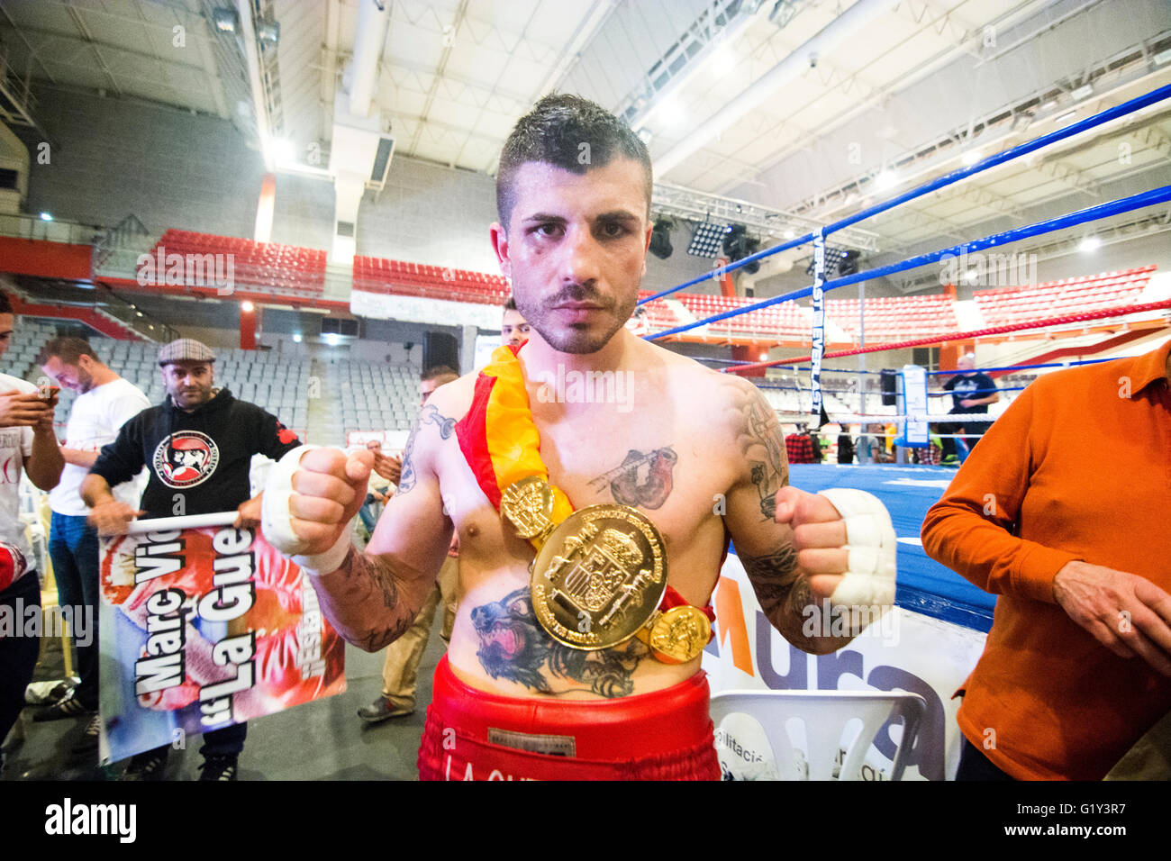 Gijon, Spain. 21st May, 2016. Marc Vidal with the belt of Spanish Champion after his victory the boxing match against Juancho Gonzalez of Spanish national featherweight boxing championships at Sports Center on May 21, 2016 in Gijon, Spain. Credit: David Gato/Alamy Live News Stock Photo
