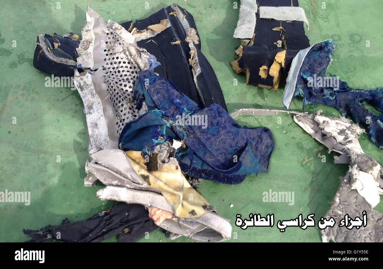 Alexandria. 21st May, 2016. Photo released by Egyptian Armed Forces on May 21, 2016, shows part of a plane chair from EgyptAir flight 804. Credit:  Egyptian Armed Forces/Xinhua/Alamy Live News Stock Photo