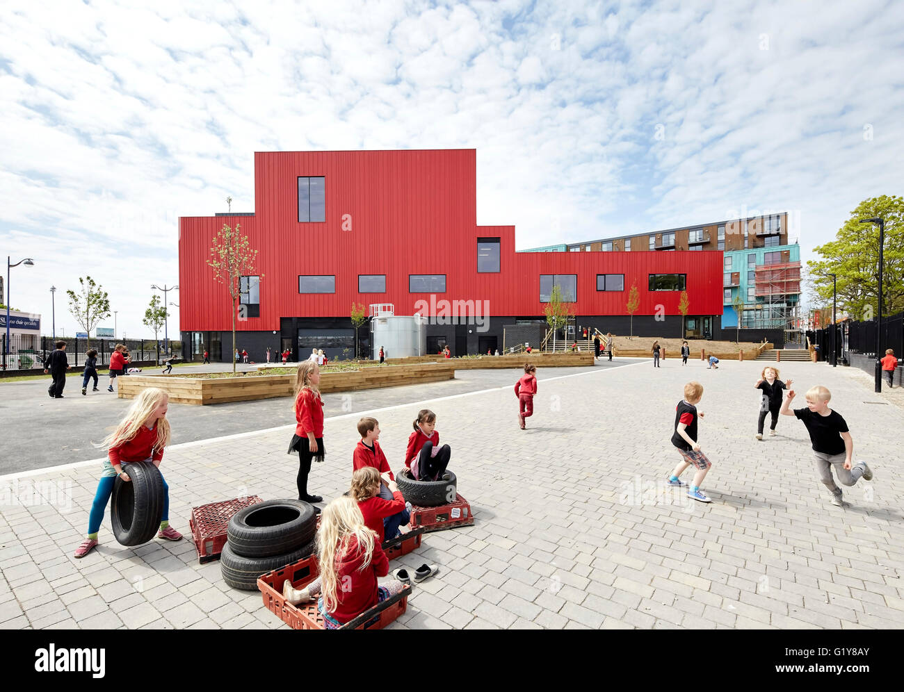 Secured outdoor play area. Plymouth Creative School of Art, Plymouth, United Kingdom. Architect: Feilden Clegg Bradley Studios LLP, 2015. Stock Photo