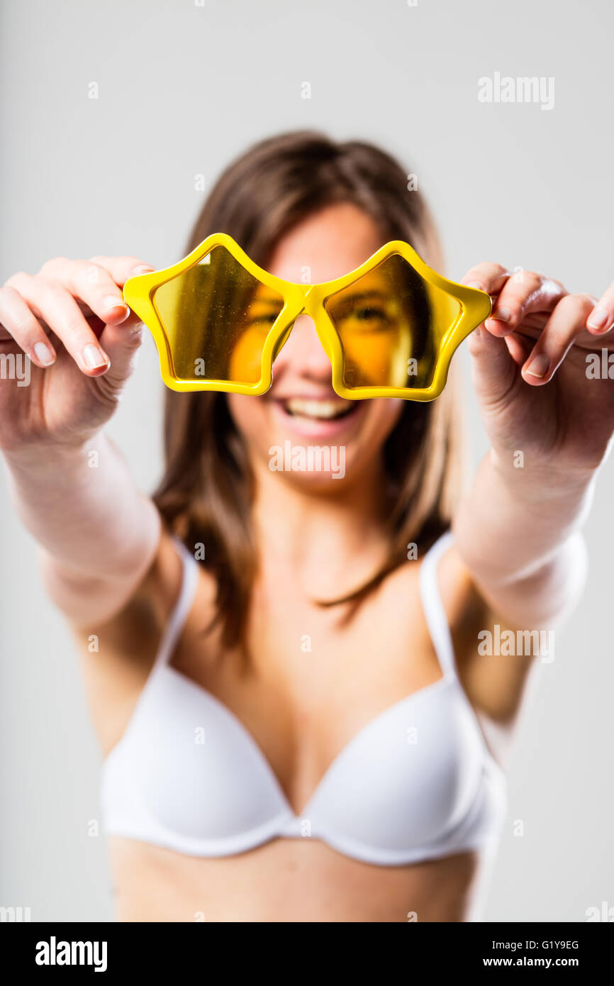 Cheerful Girl Wear Eyeglasses for Fun. Cool Kid Star Shaped Sunglasses. Star  Concept. Fame and Popularity Stock Image - Image of girl, holiday: 201356319
