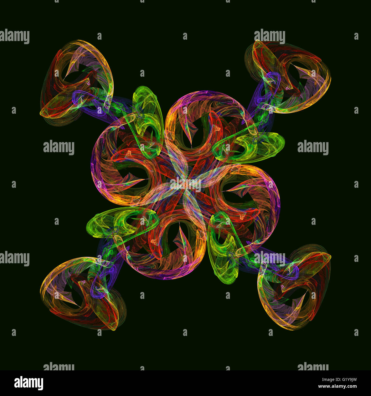 Abstract fractal swirl in bright neon colors on dark green background Stock Photo
