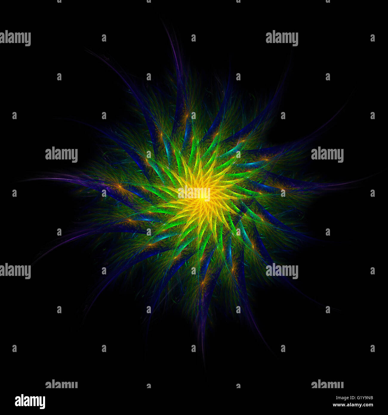 Fractal star glowing in yellow, green and electric blue on black background Stock Photo