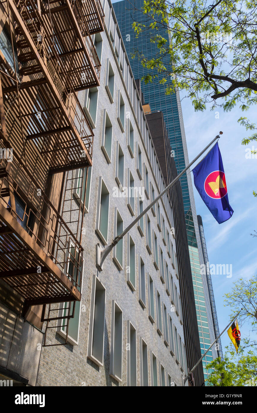 ASEAN Flag on Building Facades, First Avenue, NYC Stock Photo