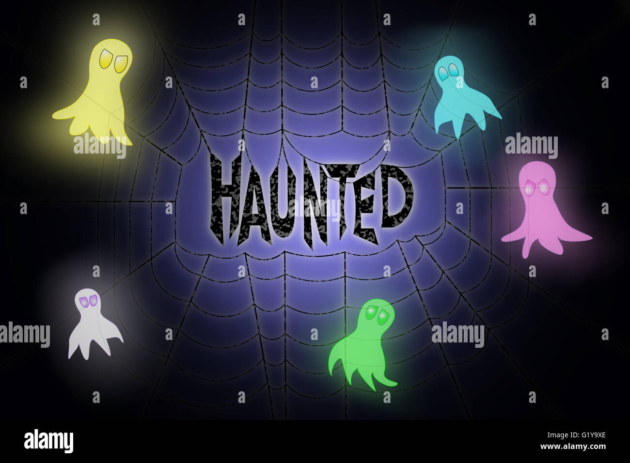 Spider web with glowing word haunted hanging in the middle, with neon colored glowing ghosts flying around it Stock Photo