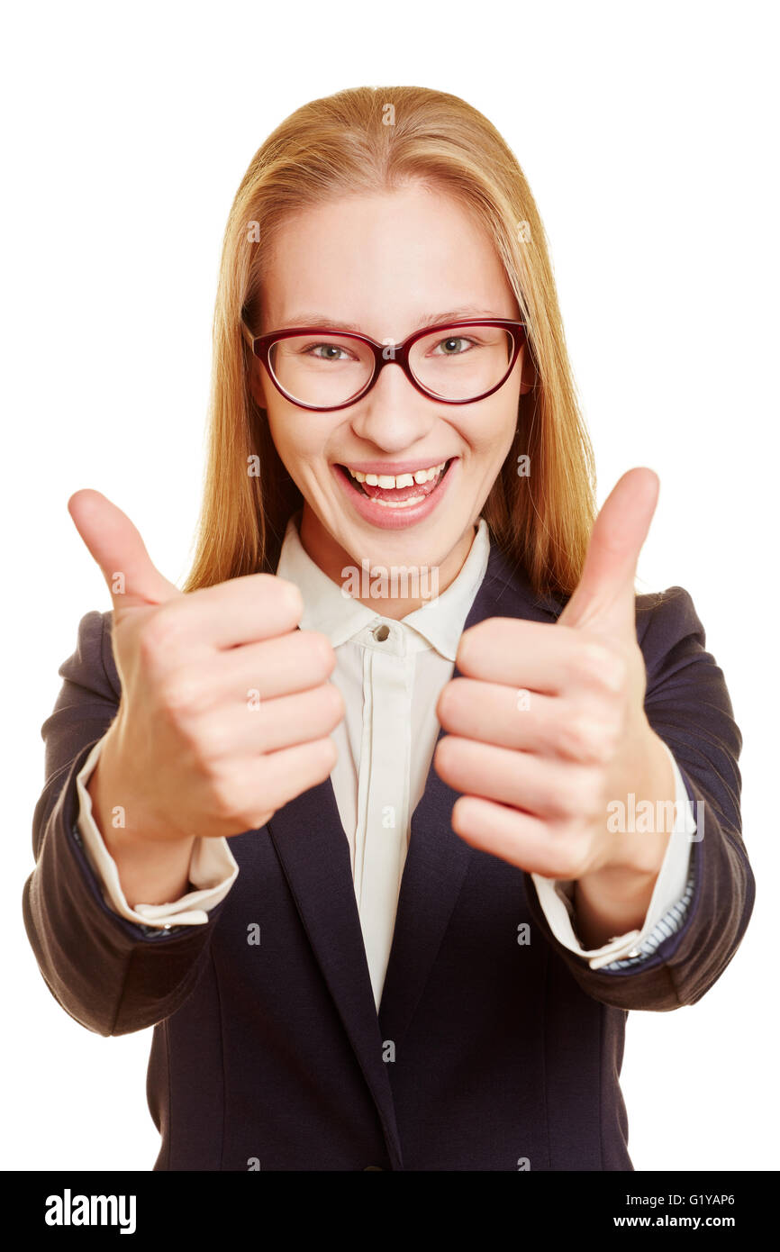 Cheering businesswoman holding both of her thumbs up Stock Photo