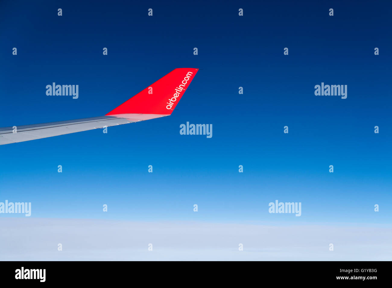 Air Berlin wing showing the airline name on winglet - No Sales on Alamy or anywhere else Stock Photo